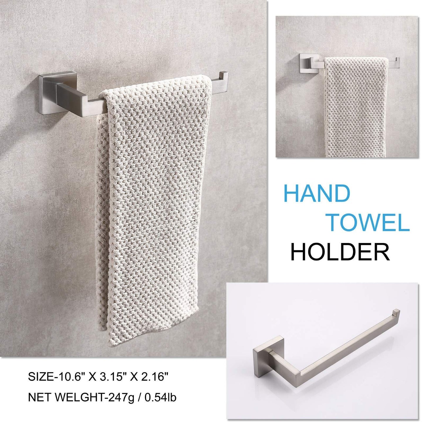 Square Hand Towel Holder Ring Wall Mounted Modern Towel Bar Bathroom Kitchen - Mekamart Australia