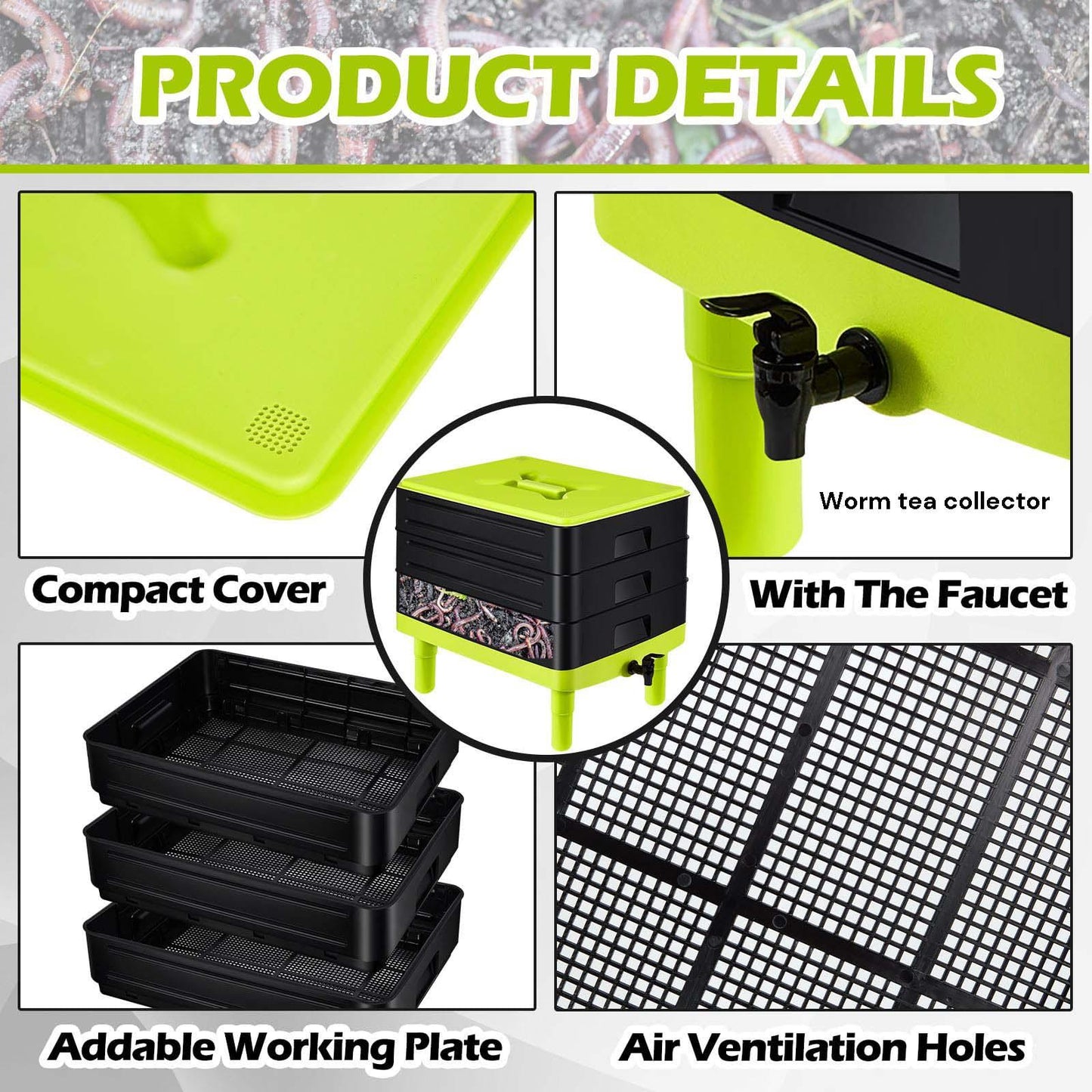 60L Large Worm Farm 3 Trays Worm Composter Bins Composting System Worm Tea - Mekamart Australia