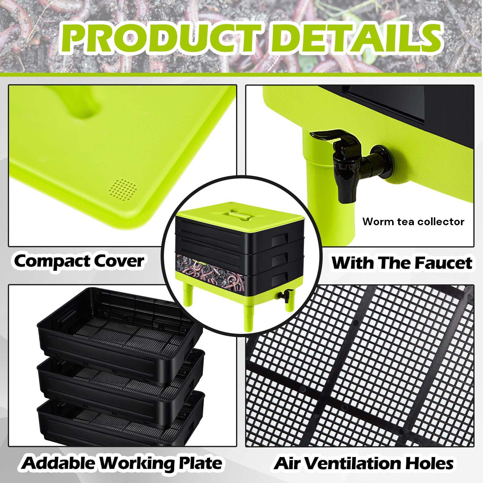 60L Large Worm Farm 3 Trays Worm Composter Bins Composting System Worm Tea - Mekamart Australia