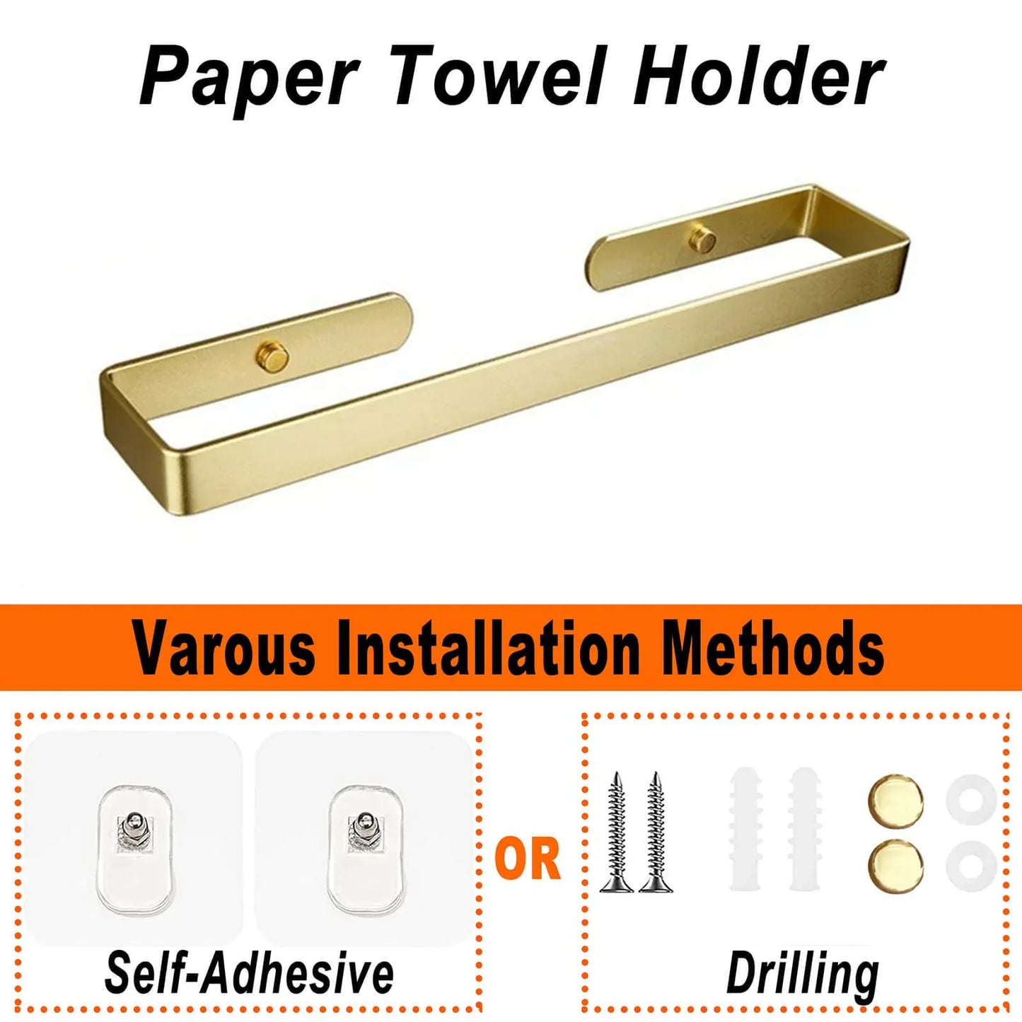 Gold Kitchen Bathroom Paper Holder Towel Holder Self Adhesive or Screw Mount 40cm - Mekamart Australia