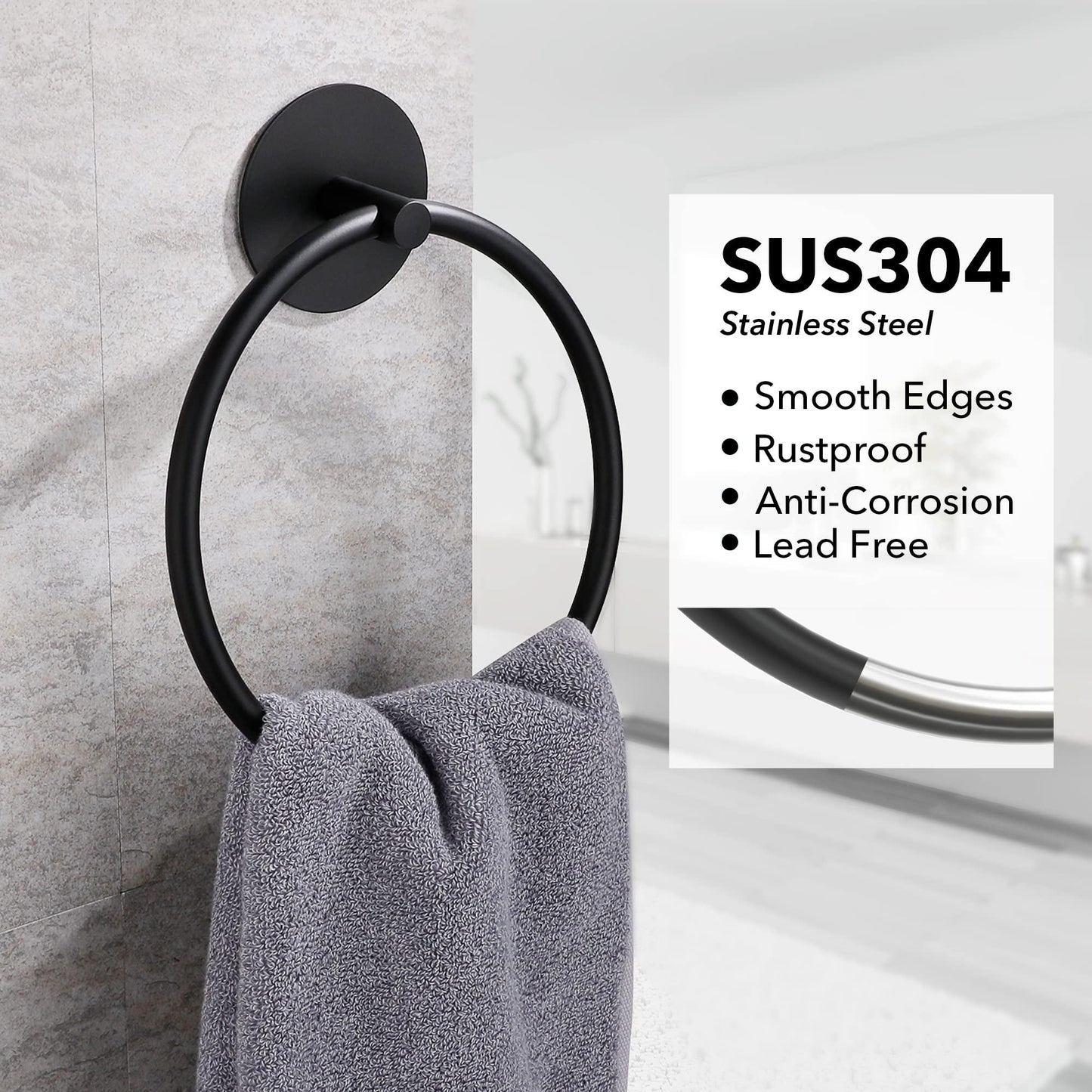 Bathroom Towel Ring Bathroom Towel Rack Adhesive Hand Towels Holder Towel Hanger Round Black - Mekamart Australia