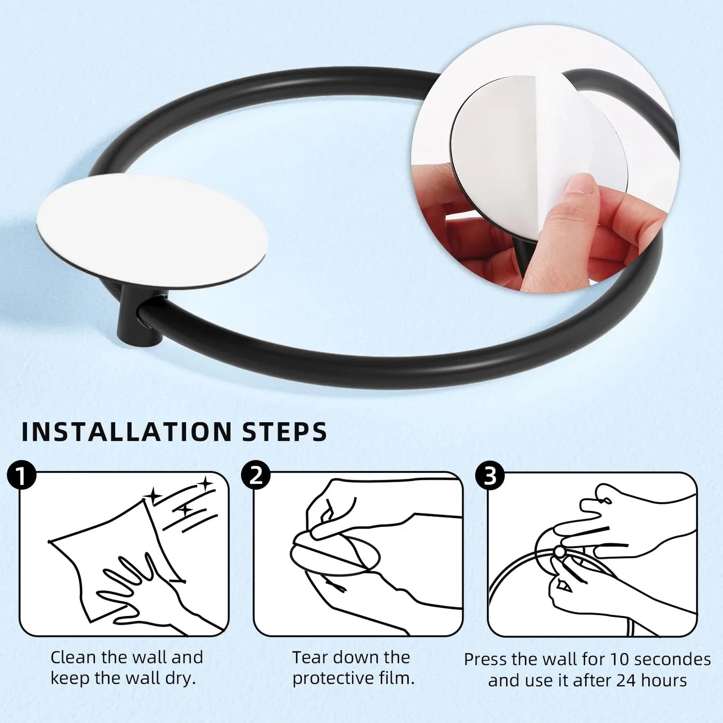 Bathroom Towel Ring Bathroom Towel Rack Adhesive Hand Towels Holder Towel Hanger Round Black - Mekamart Australia