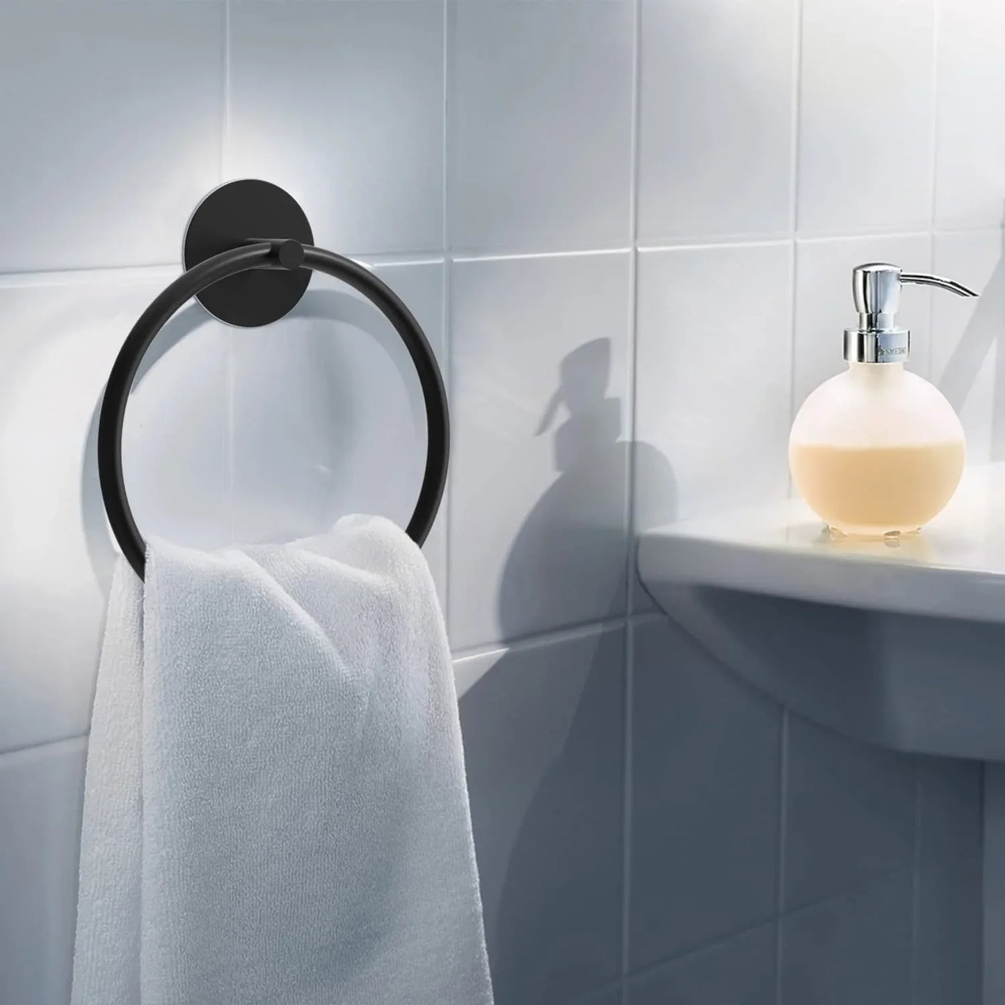 Bathroom Towel Ring Bathroom Towel Rack Adhesive Hand Towels Holder Towel Hanger Round Black - Mekamart Australia