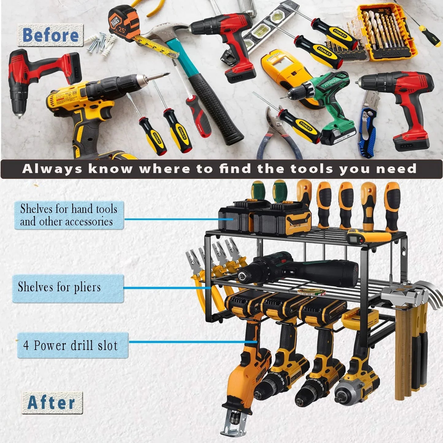 40cm Power Tool Organizer 4 Layers Garage Tool Storage Rack Workshop Tool Shelf Drill Pliers Hammer Rack - Mekamart Australia
