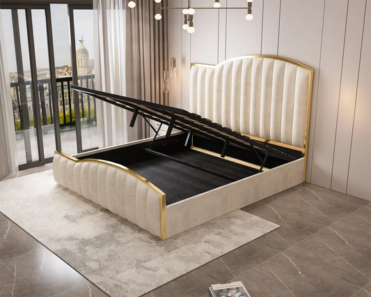 Elegant Luxury King Size Bedframe in Beige with Gas Lift Storage Velvet Fabric Golden Trim - Mekamart Australia