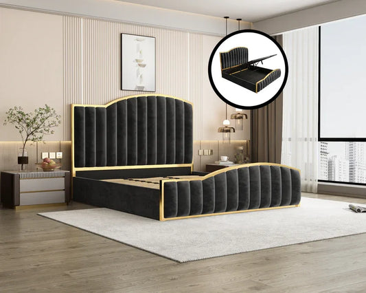 Elegant King Bedframe Charcoal Velvet Fabric with Gas Lift Storage and Golden Trim - Mekamart Australia