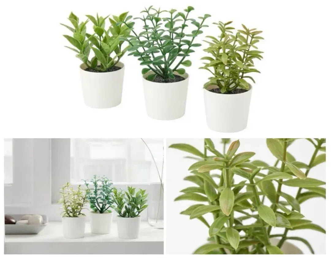 3 Pack of Artificial Herb Potted Plants in White Plastic 5cm Pot Interior Decoration - Mekamart Australia