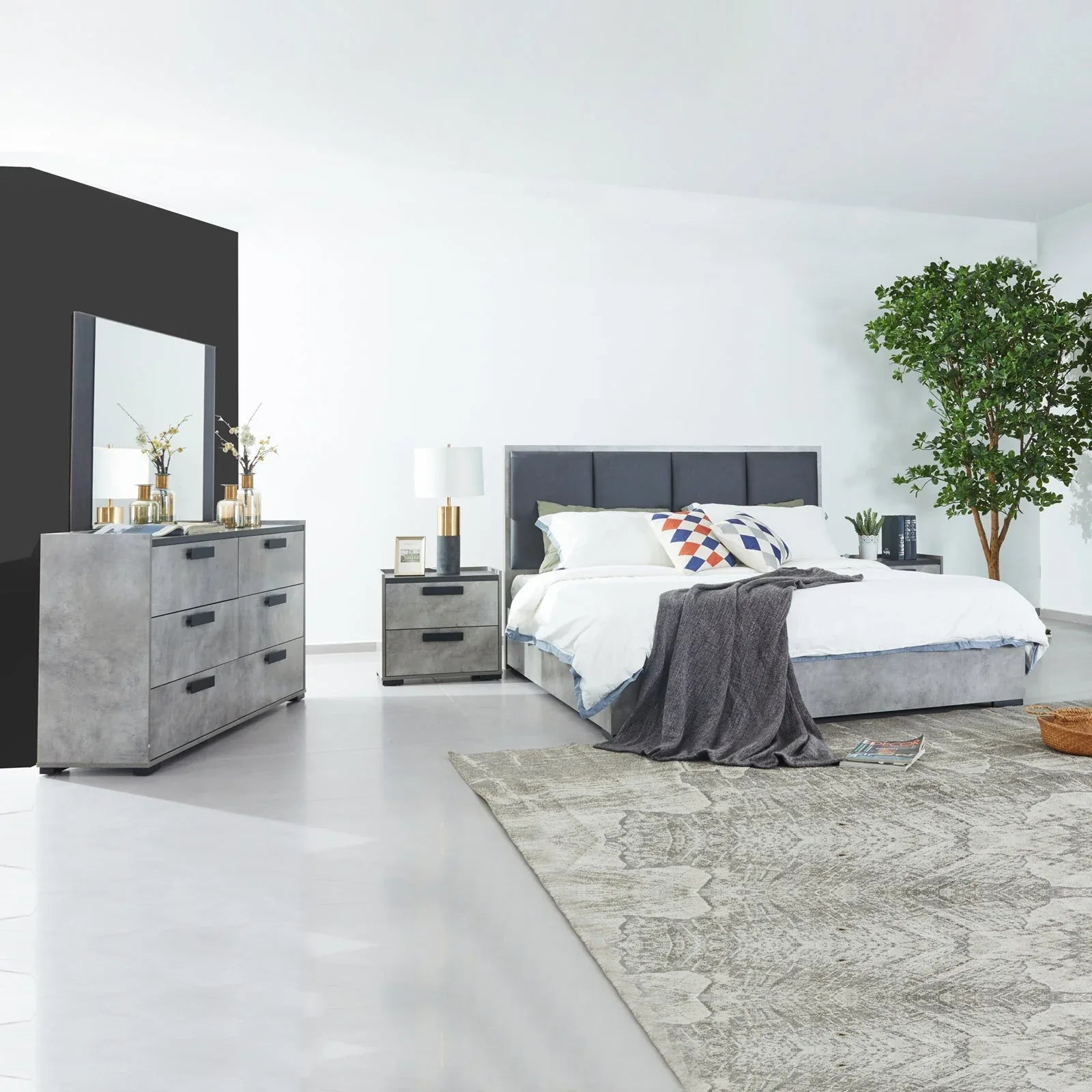 Queen 4 Pcs Bedroom Suite with Dresser Fabric Upholstery MDF Combination of Black & Cement Colour - Mekamart Australia