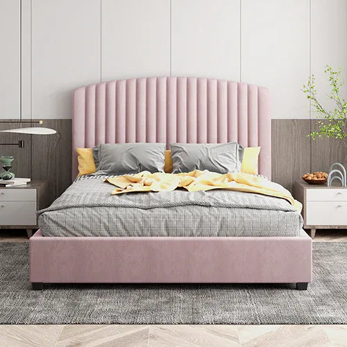 Camelia King Single Size Bed Frame Pink Velvet Upholstery High Headboard Quality Slats Metal Structure - Mekamart Australia