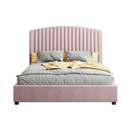 Camelia Queen Size Bed Frame Pink Velvet Upholstery High Headboard Quality Slats Metal Structure - Mekamart Australia