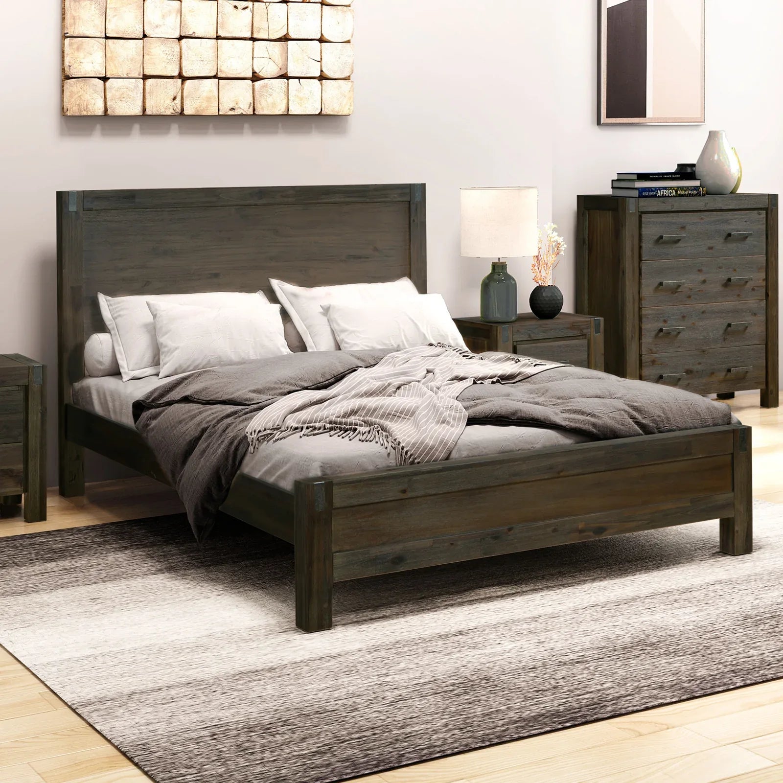 Bed Frame Queen Size in Solid Wood Veneered Acacia Bedroom Timber Slat in Chocolate - Mekamart Australia