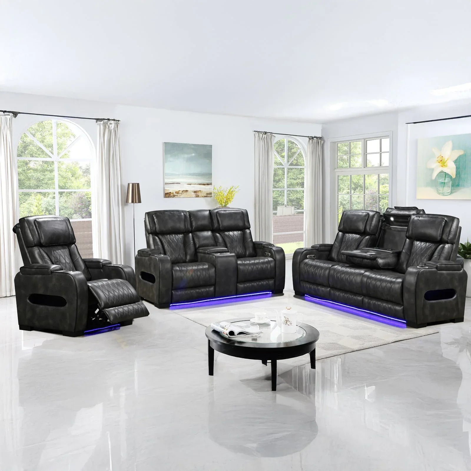 3-2-1 Seater Electric Air Leather Dark Grey Recliner Set - Mekamart Australia
