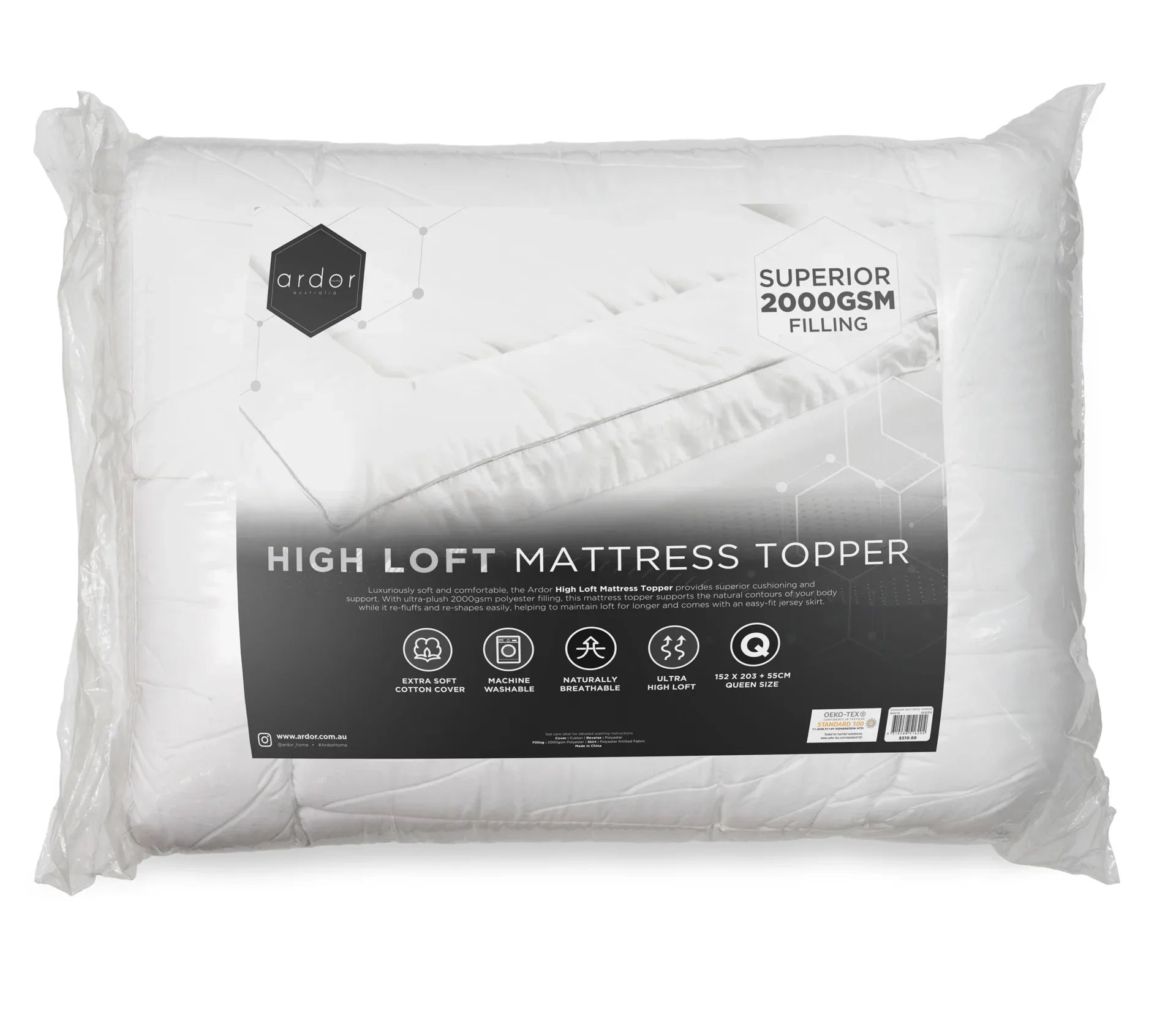 2000GSM STANDARD MICROFIBRE MATTRESS TOPPER - KING - Mekamart Australia