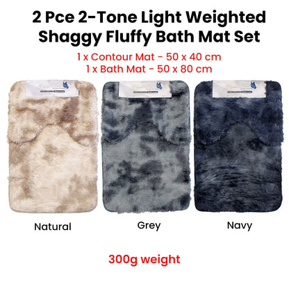 2 Pce 2-Toned Extra Light Weighted Shaggy Fluffy Bath Mat Set Grey - Mekamart Australia