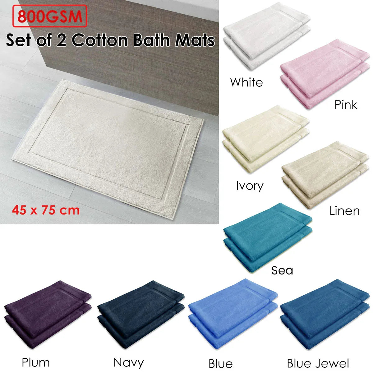 800GSM Set of 2 Cotton Bath Mat White - Mekamart Australia