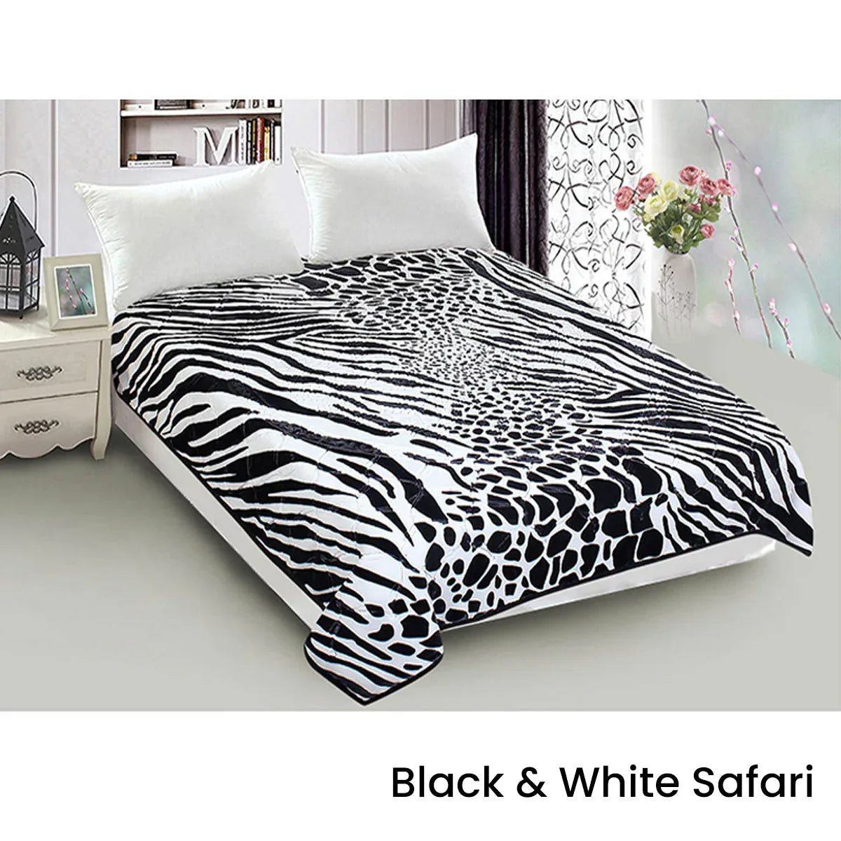 800GSM Luxury Reversible Animal Mink Blanket Queen 200 x 240 cm White Black Safari - Mekamart Australia