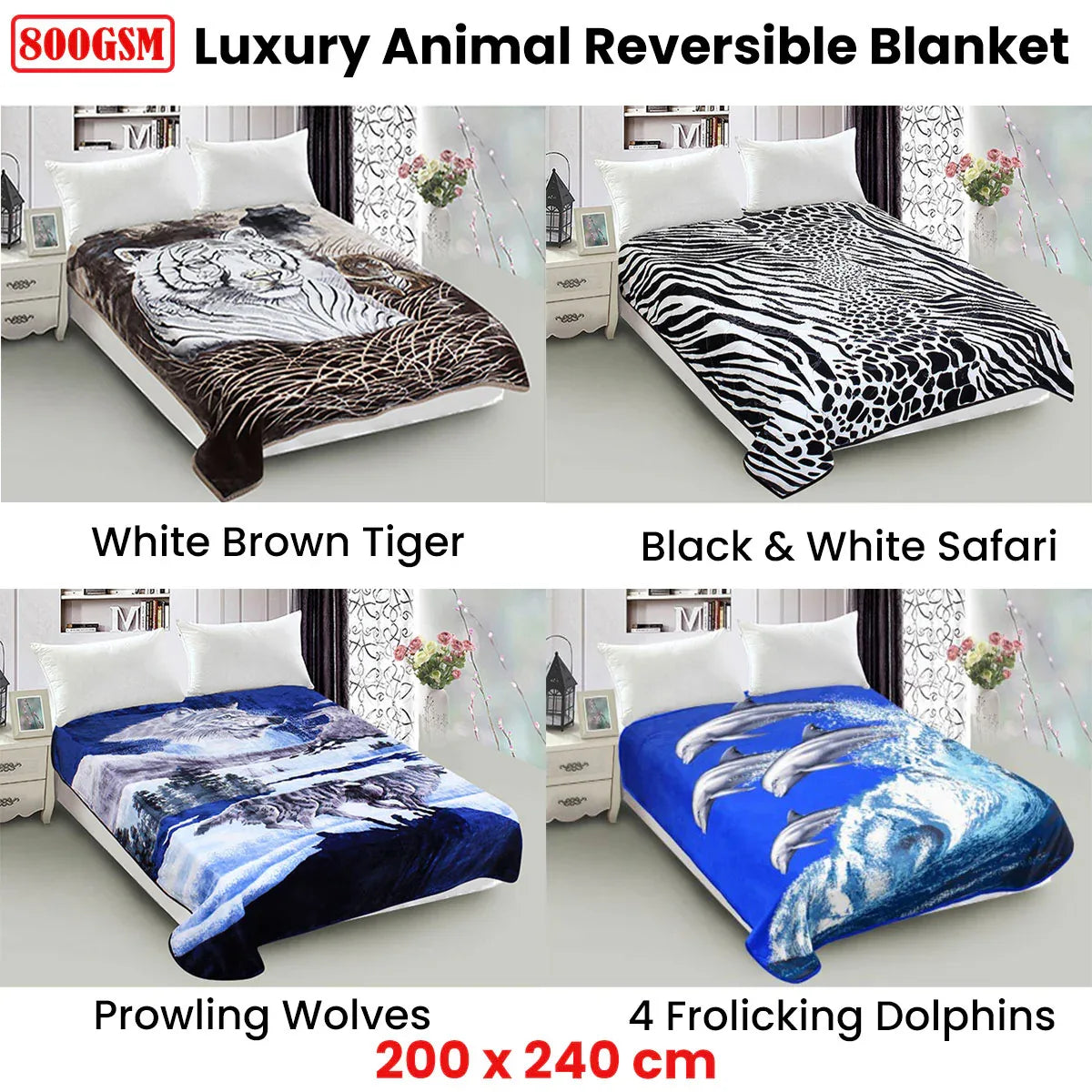 800GSM Luxury Reversible Animal Mink Blanket Queen 200 x 240 cm White Black Safari - Mekamart Australia