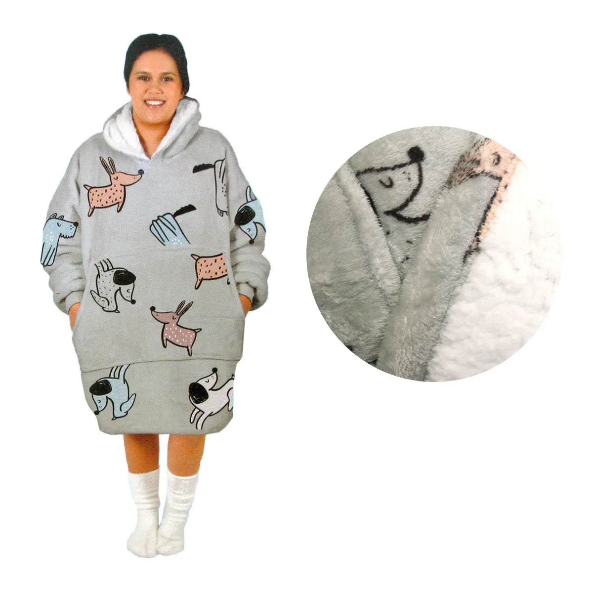 Adult Women Comfy Warm Blanket Hoodie with Sherpa Fleece Reverse Grey Dogs - Mekamart Australia