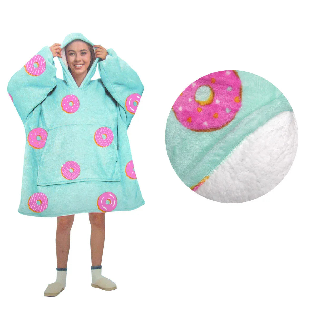 Blanket Hoodie with Sherpa Reverse Aqua Donuts - Mekamart Australia