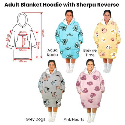 Adult Women Comfy Warm Blanket Hoodie with Sherpa Fleece Reverse Pink Hearts - Mekamart Australia