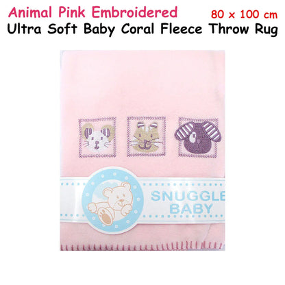 Animal Pink Embroidered Polar Fleece Baby Blanket 80 x 100 cm - Mekamart Australia