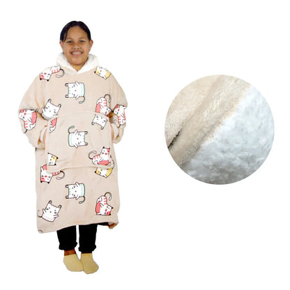 Girls Comfy Warm Blanket Hoodie with Sherpa Fleece Reverse Kawaii Cat - Mekamart Australia