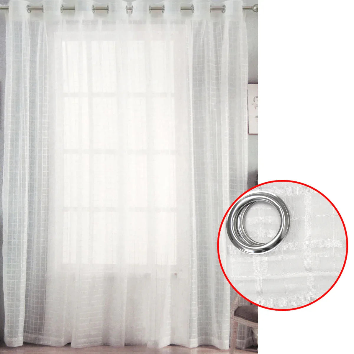 Pair of White Checkered Eyelet Sheer Curtains 140 x 225cm - Mekamart Australia