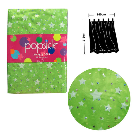 Pair of Organza Sequined Tab Top Curtains Sparkle Star Lime Green 140 x 213 cm - Mekamart Australia