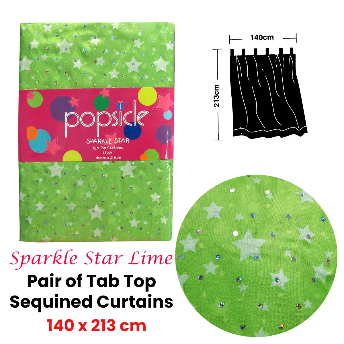 Pair of Organza Sequined Tab Top Curtains Sparkle Star Lime Green 140 x 213 cm - Mekamart Australia