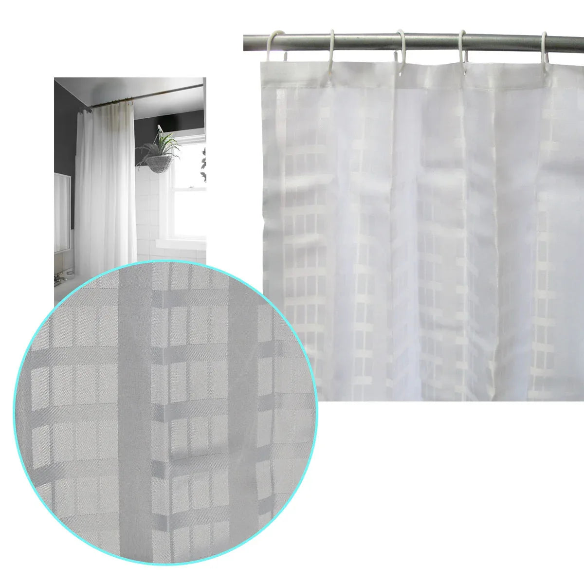 Jacquard White Checkered Bathroom Shower Curtain 180cm wide x 210 cm long - Mekamart Australia
