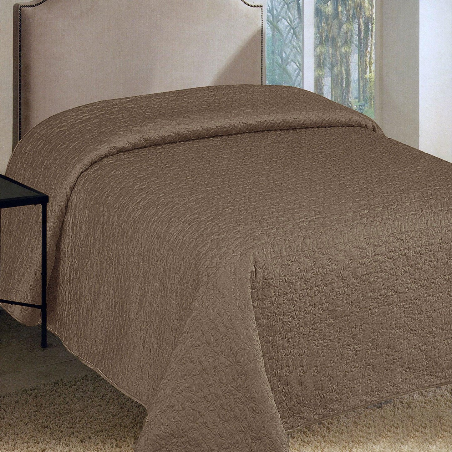 Faux Silk Embroidered Coverlet Coffee QUEEN - Mekamart Australia