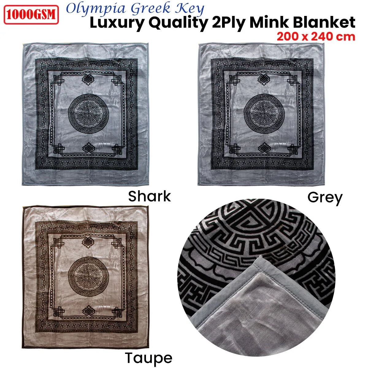 1000GSM Olympia Greek Key Luxury Quality 2 Ply Mink Blanket Queen Taupe - Mekamart Australia