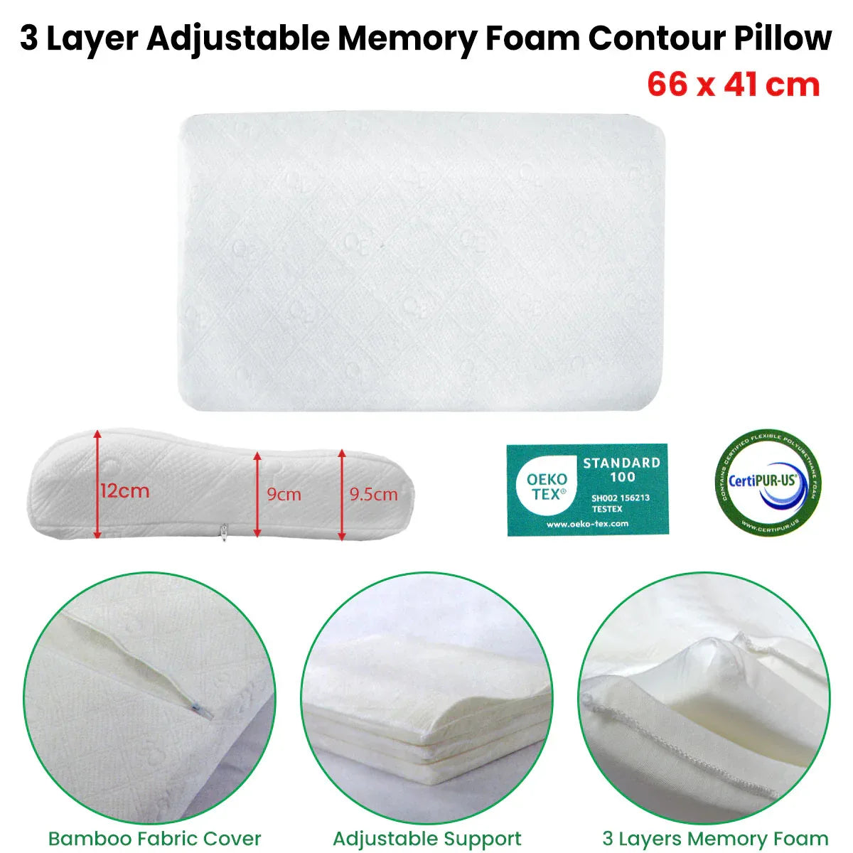 Hotel Living Adjustable 3-Layer Memory Foam Contour Pillow 41x66cm - Mekamart Australia