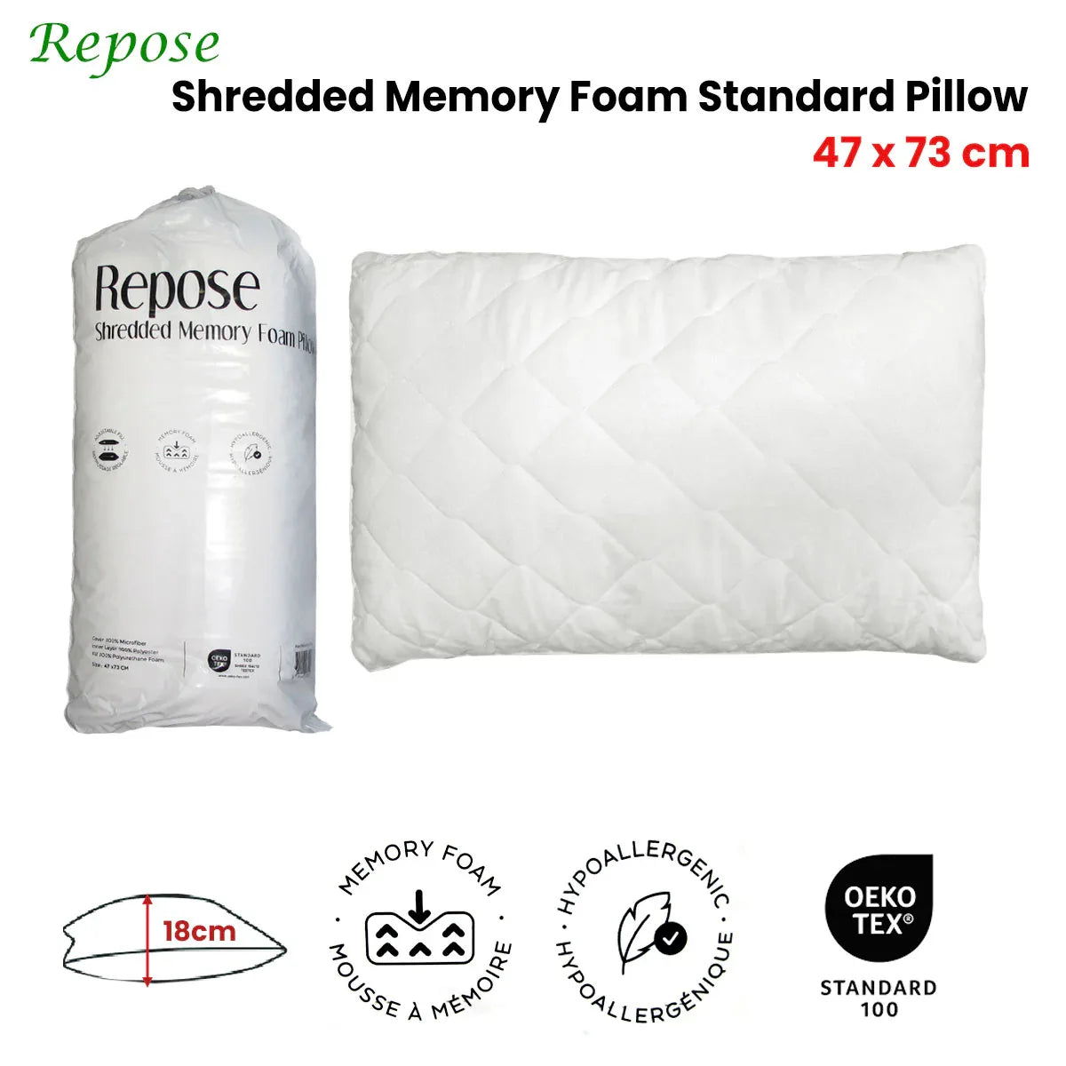 Repose Shredded Memory Foam Standard Pillow 47x73cm - Mekamart Australia