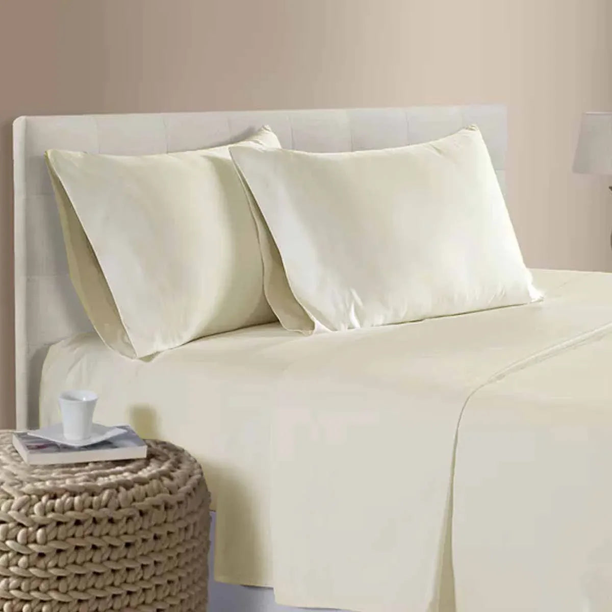 400TC 100% Cotton Sateen Premium Sheet Set 40cm Wall Cream Queen - Mekamart Australia