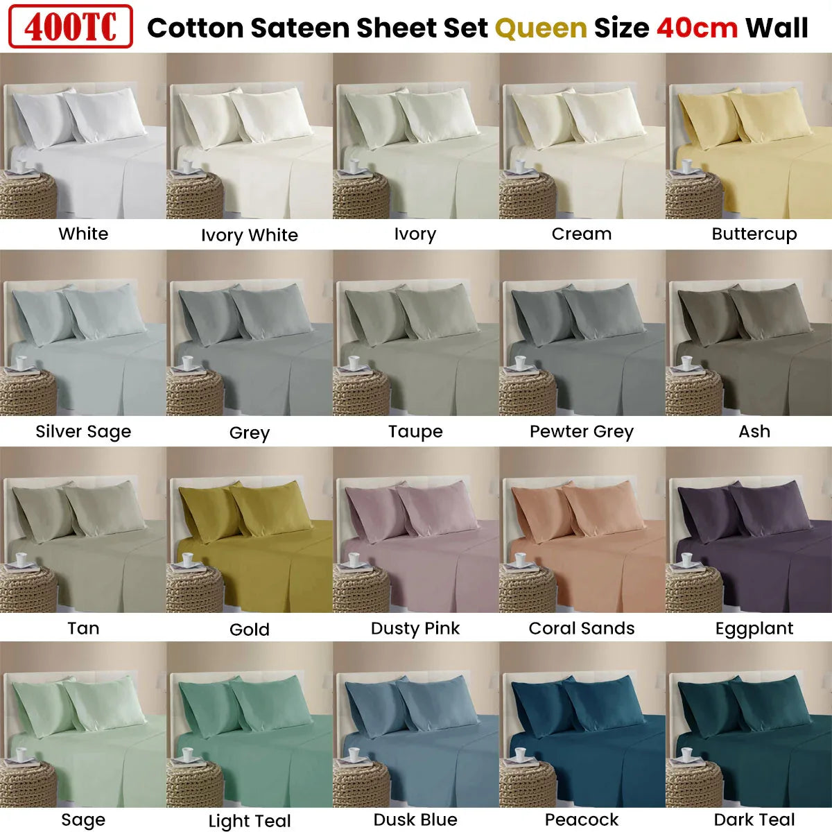 400TC 100% Cotton Sateen Premium Sheet Set 40cm Wall Dark Teal Queen - Mekamart Australia