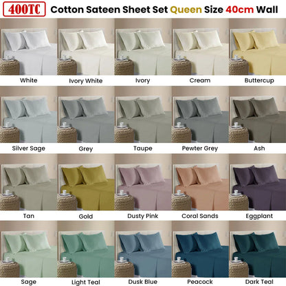 400TC 100% Cotton Sateen Premium Sheet Set 40cm Wall Dark Teal Queen - Mekamart Australia