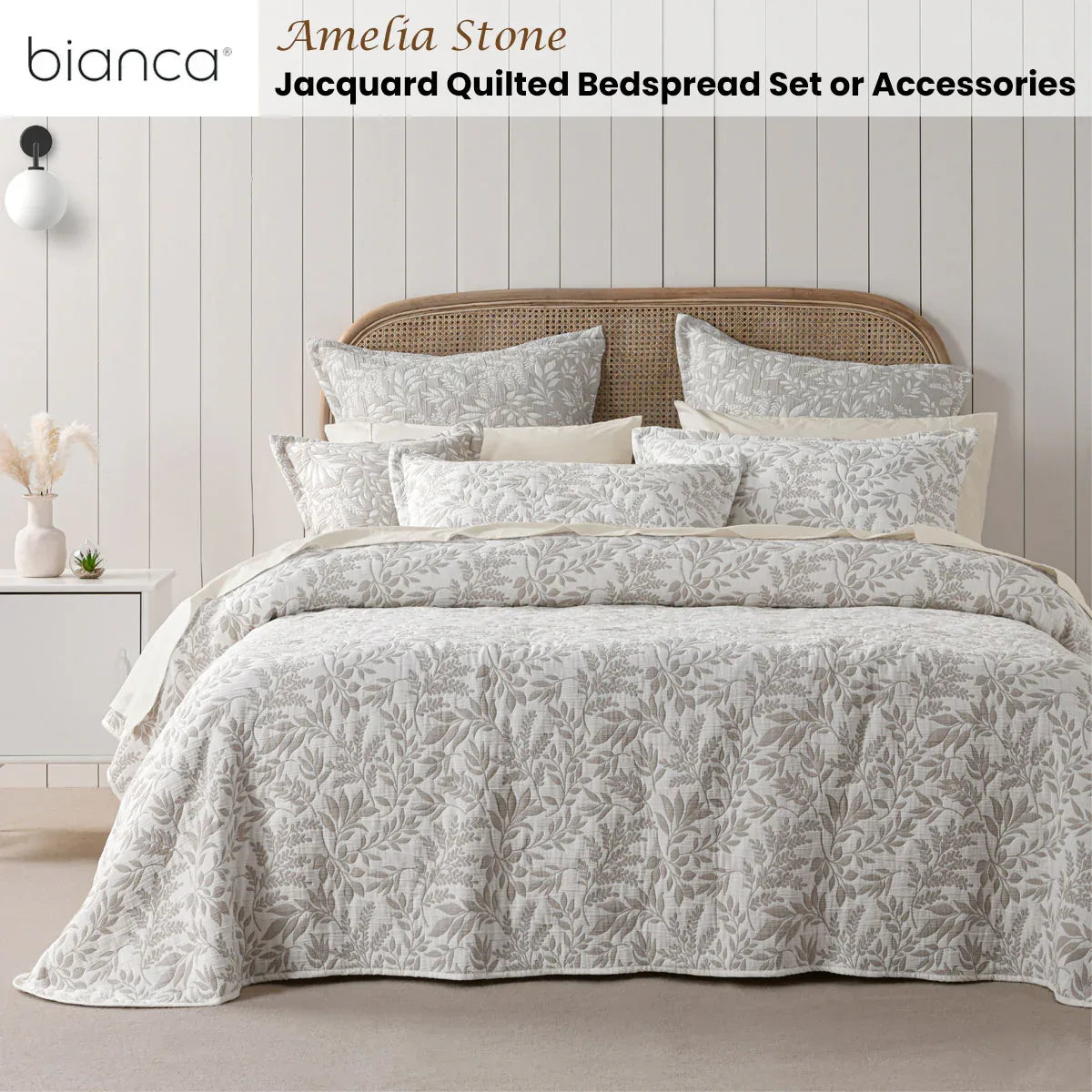 Bianca Ameila Stone Jacquard Quilted Foliage Bedspread Set King - Mekamart Australia