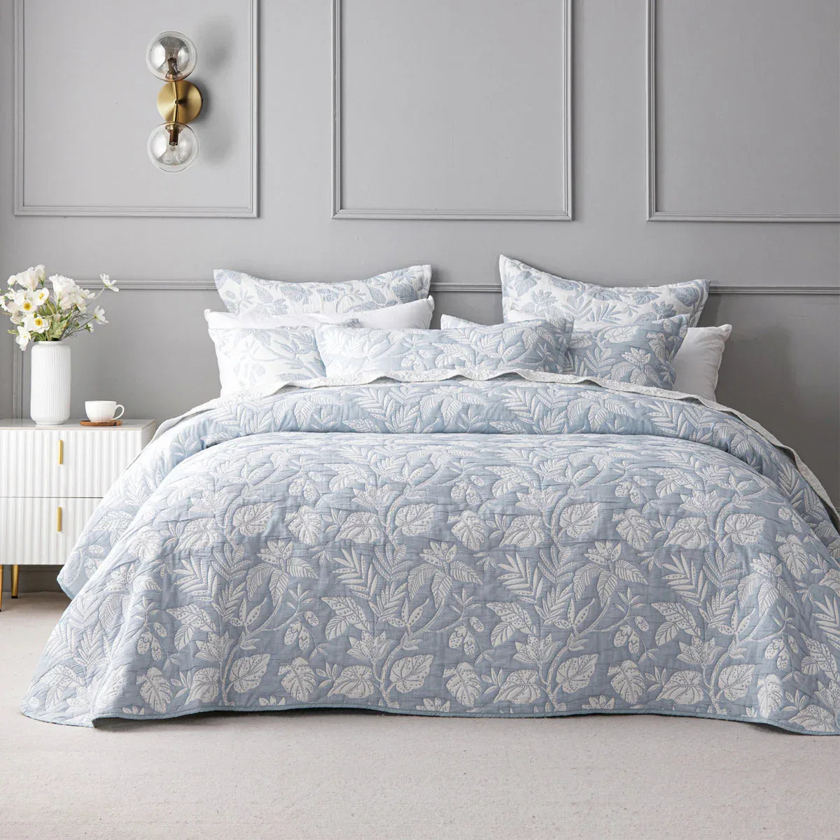 Bianca Laurieton Blue Jacquard Botanical Bedspread Set King - Mekamart Australia