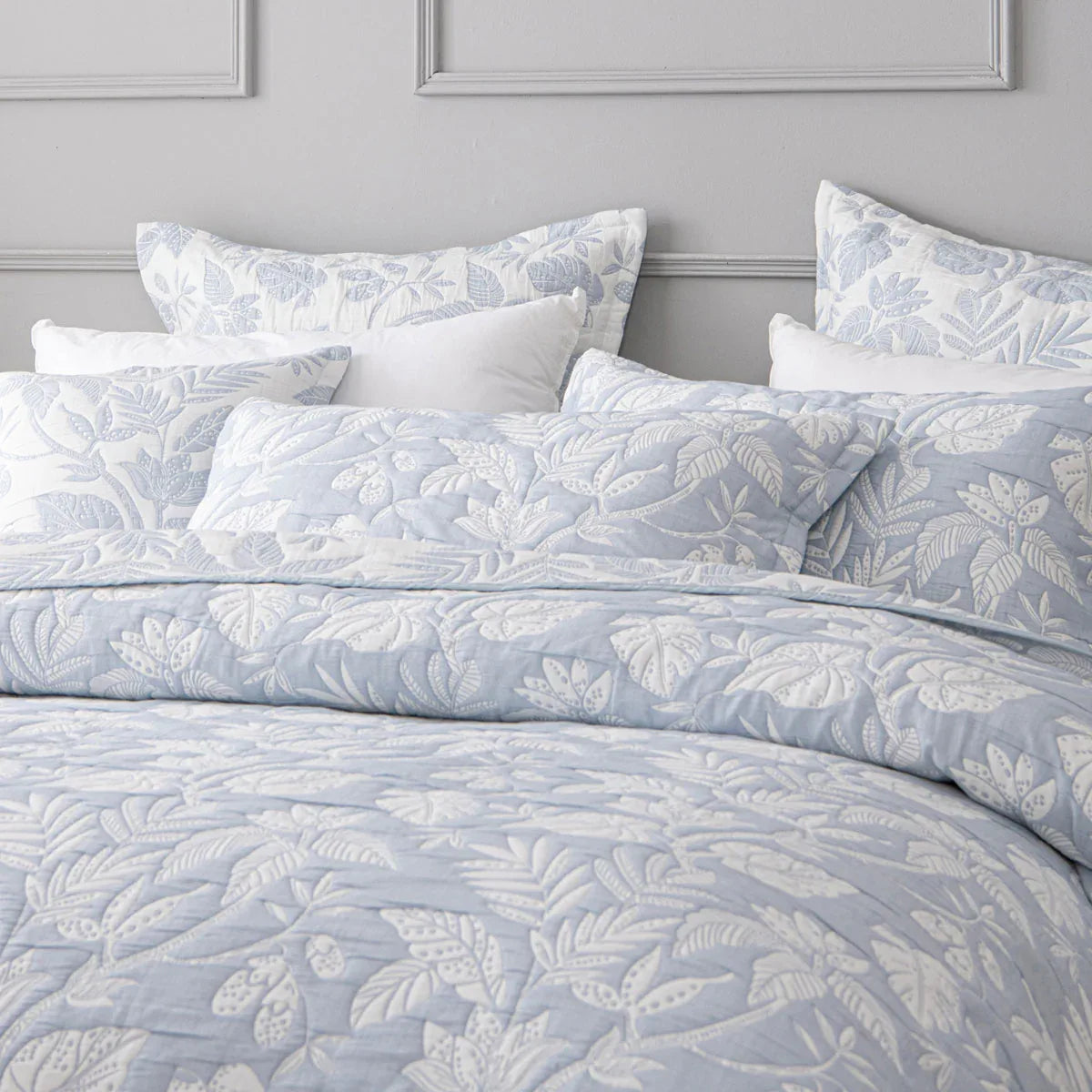 Bianca Laurieton Blue Jacquard Botanical Bedspread Set King - Mekamart Australia