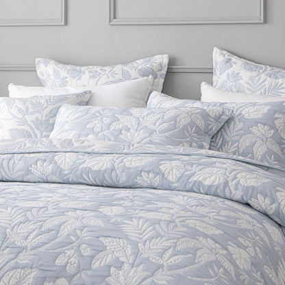 Bianca Laurieton Blue Jacquard Botanical Bedspread Set Queen - Mekamart Australia
