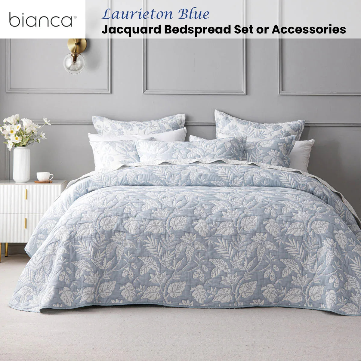 Bianca Laurieton Blue Jacquard Botanical Bedspread Set Super King - Mekamart Australia