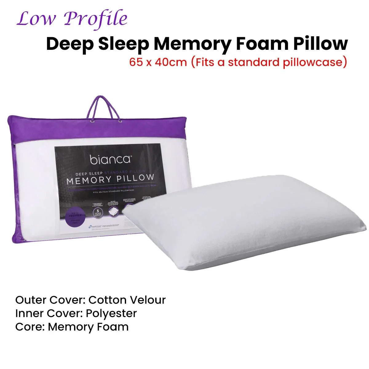 Bianca Memory Foam Low Profile Standard Pillow 65 x 40 cm - Mekamart Australia