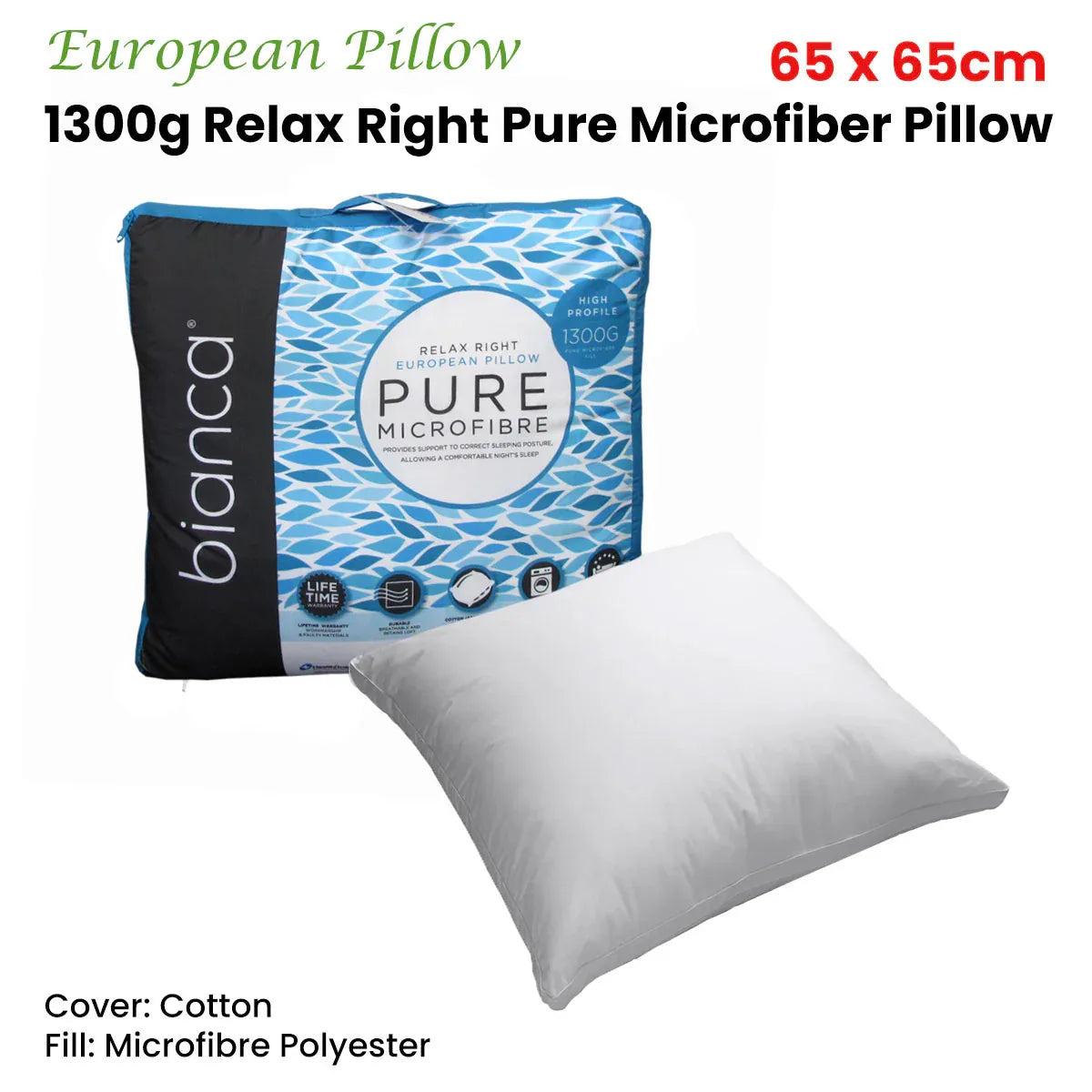 Bianca 1300g Relax Right Pure Microfiber European Pillow 65 x 65cm - Mekamart Australia