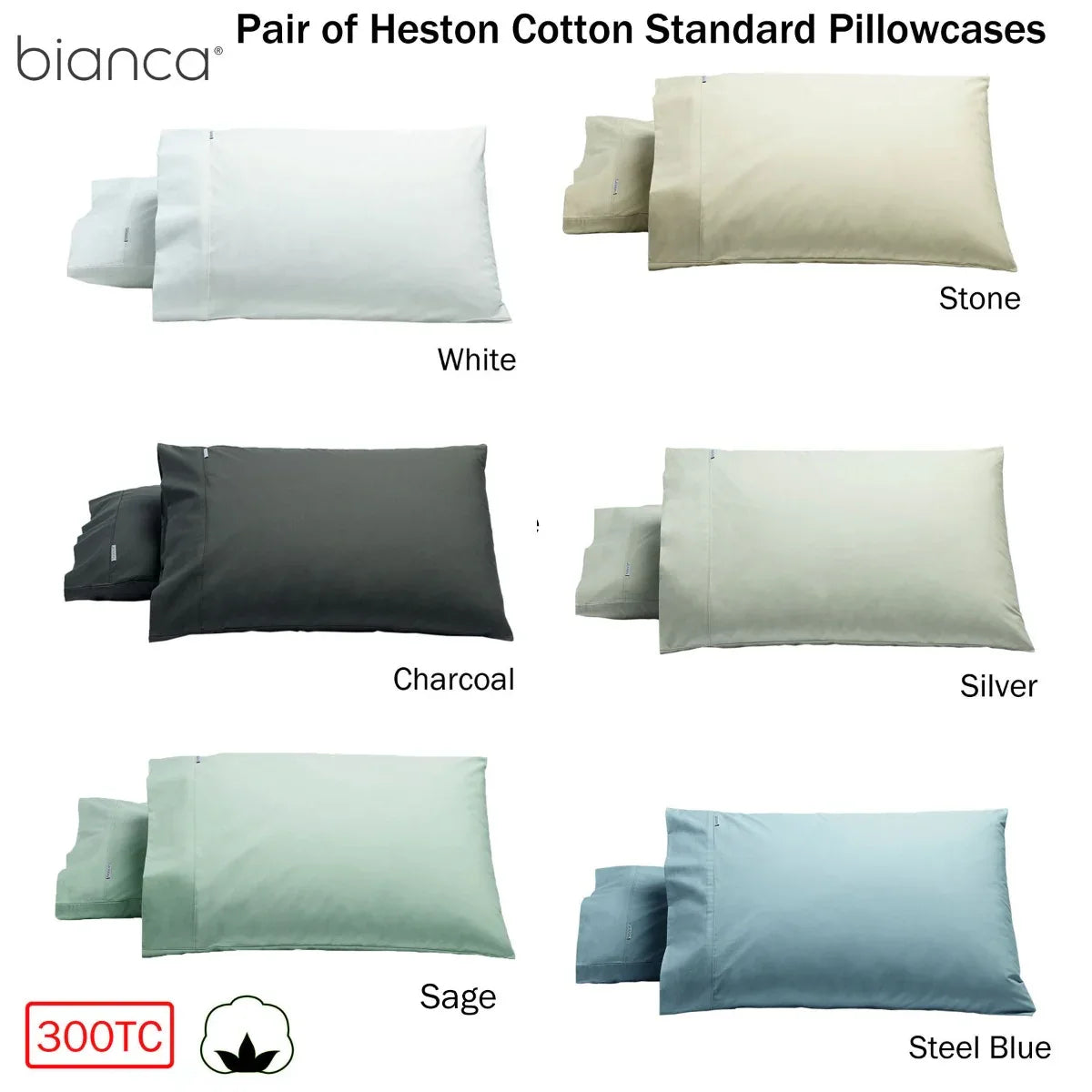 Bianca Pair of Heston Cotton Percale Standard Pillowcases Sage - Mekamart Australia
