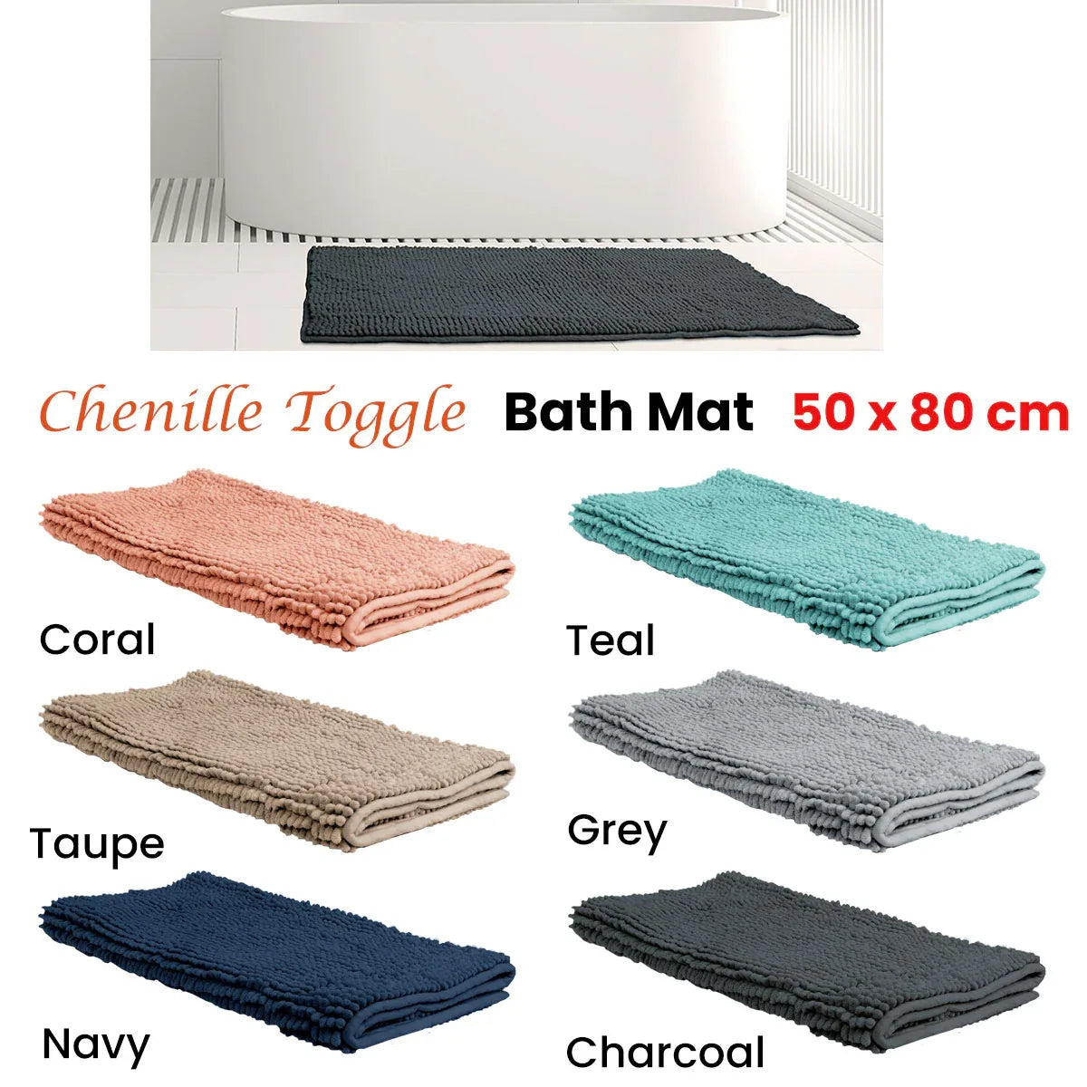 Chenille Toggle Bath Mat 50 x 80cm Coral - Mekamart Australia