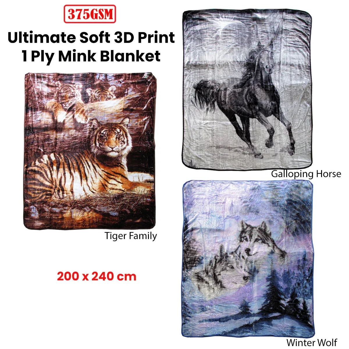 375gsm 1 Ply 3D Print Faux Mink Blanket Queen 200x240 cm Winter Wolf - Mekamart Australia