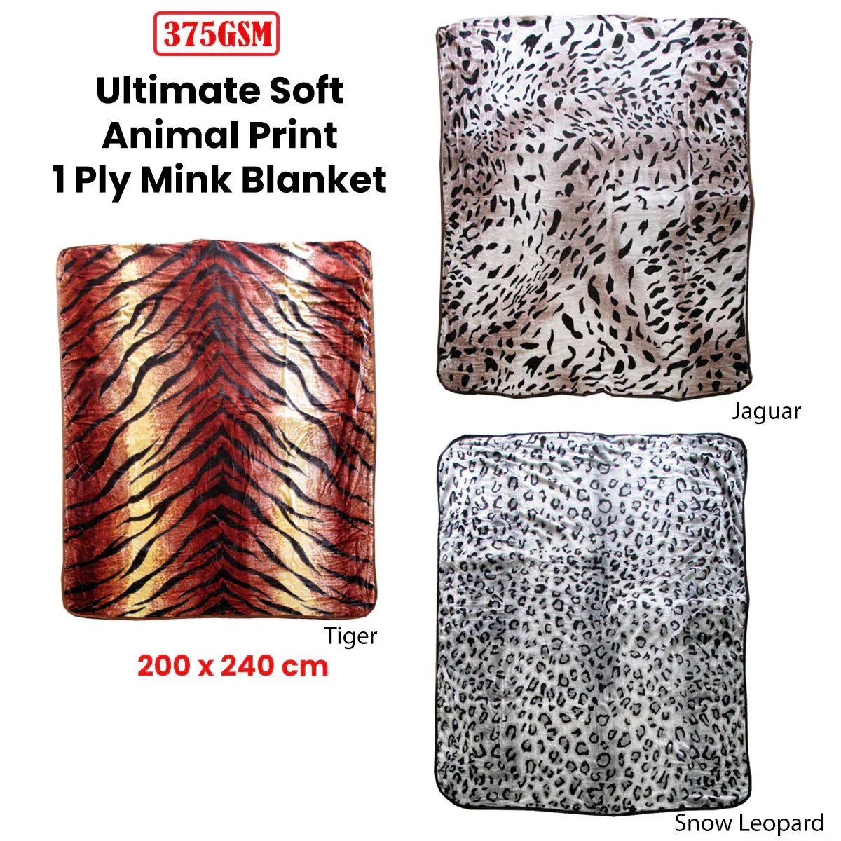 375gsm 1 Ply Animal Print Faux Mink Blanket Queen 200x240 cm Tiger - Mekamart Australia