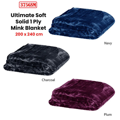 375gsm 1 Ply Solid Faux Mink Blanket Queen 200x240 cm Charcoal - Mekamart Australia