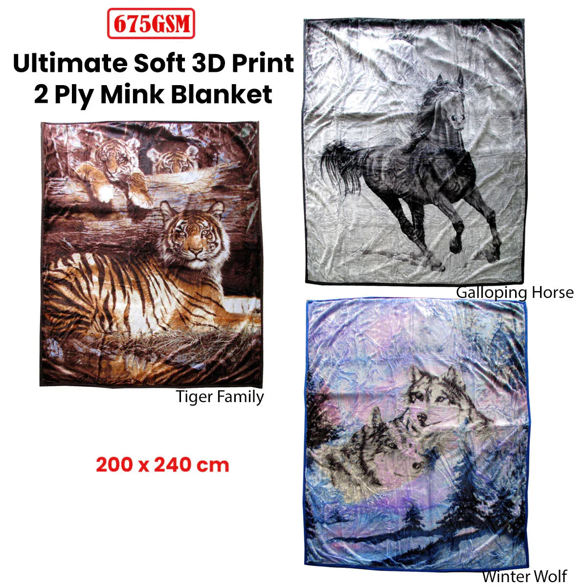 675gsm 2 Ply 3D Print Faux Mink Blanket Queen 200x240 cm Galloping Horse - Mekamart Australia